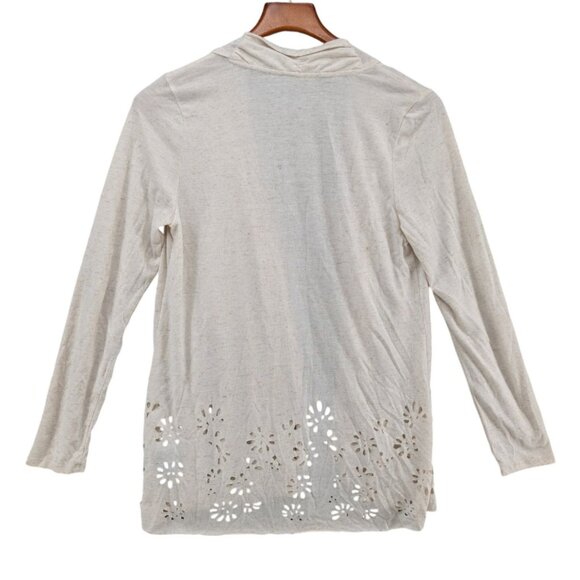 Meadow Rue Anthropologie Open Cardigan Womens Oatmeal Laser Cut Linen Blend Sz S - Picture 2 of 7